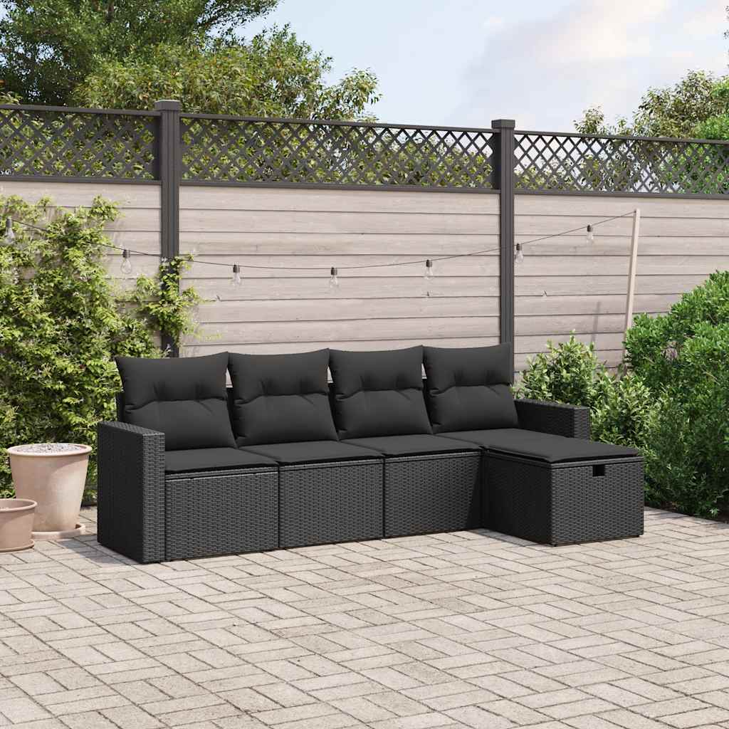 5-delige Loungeset met kussens poly rattan zwart