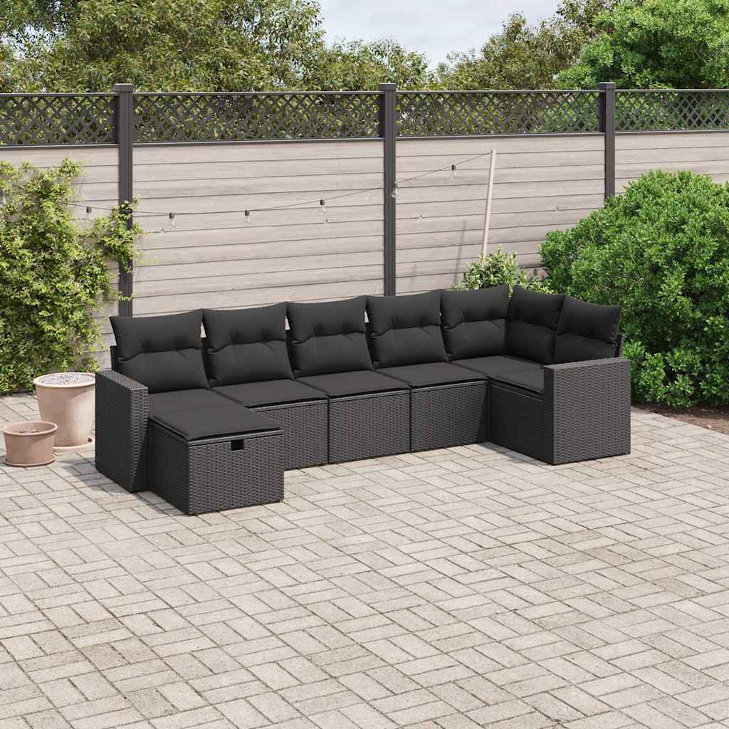 7-delige Loungeset met kussens poly rattan zwart – afbeelding 1