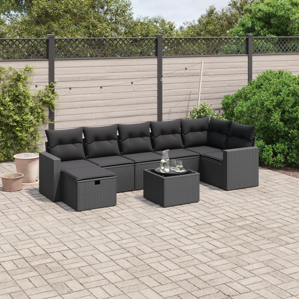 8-delige Loungeset met kussens poly rattan zwart – afbeelding 1