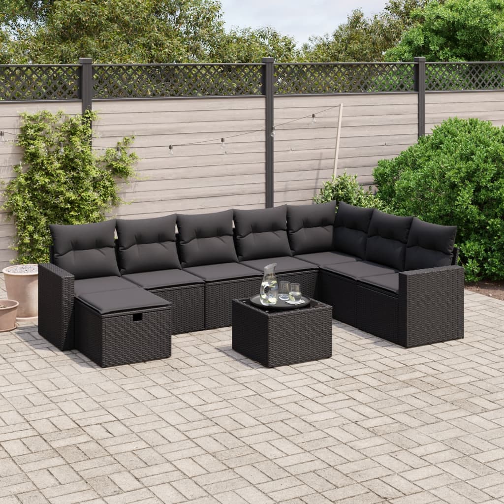 9-delige Loungeset met kussens poly rattan zwart – afbeelding 1