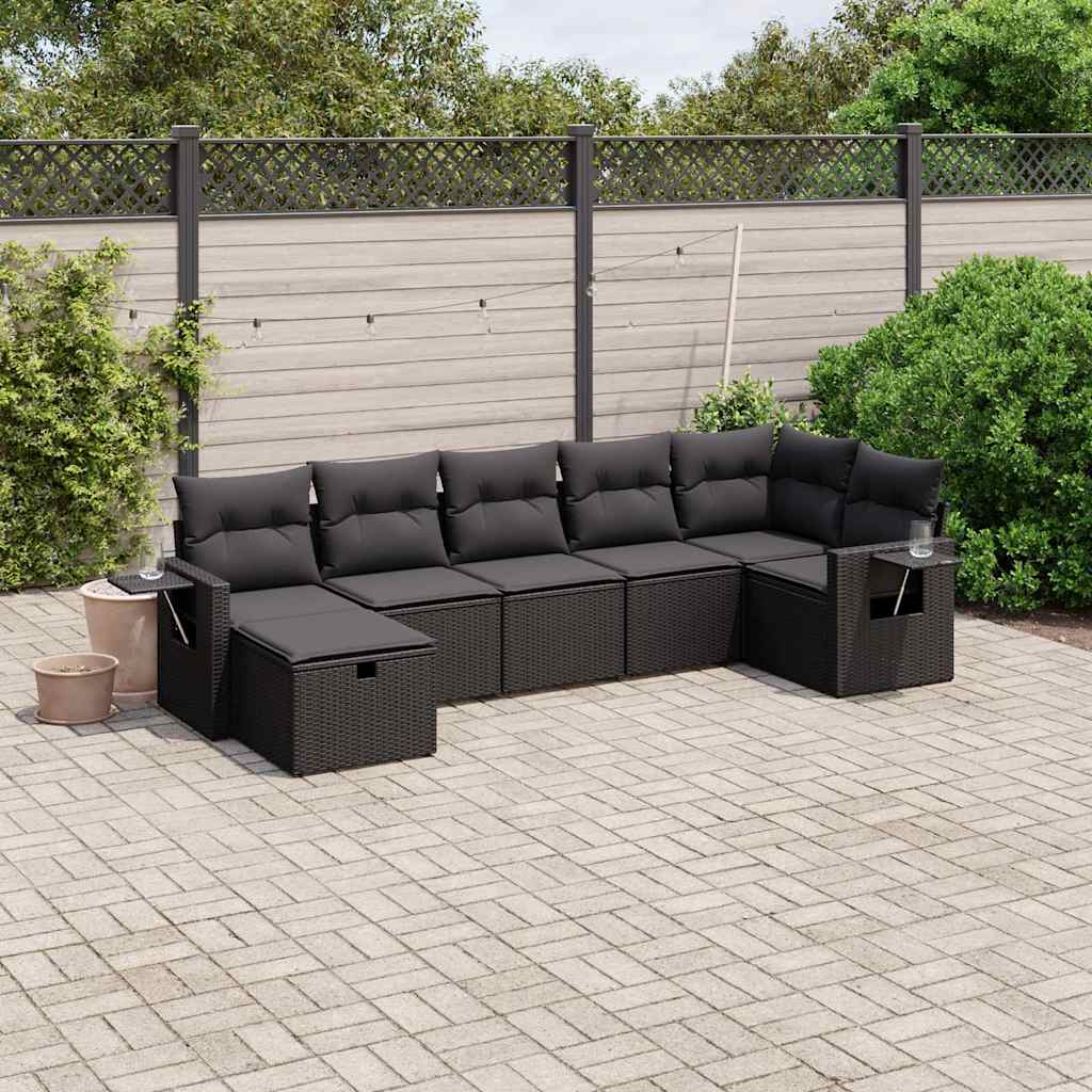 7-delige Loungeset met kussens poly rattan zwart – afbeelding 1