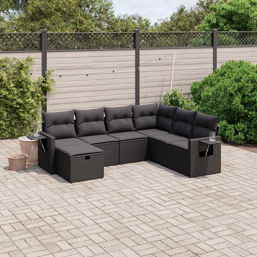 7-delige Loungeset met kussens poly rattan zwart – afbeelding 1