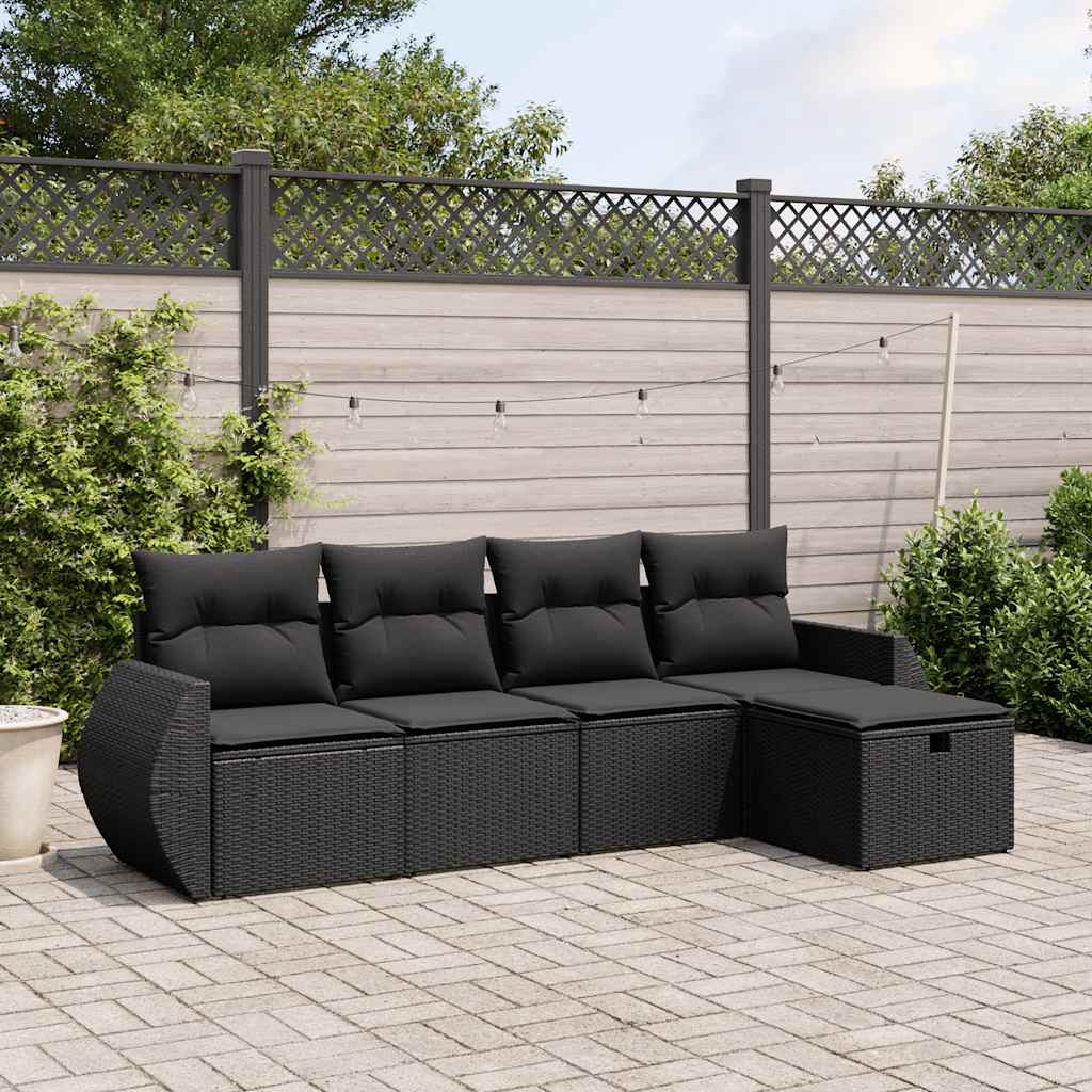 5-delige Loungeset met kussens poly rattan zwart