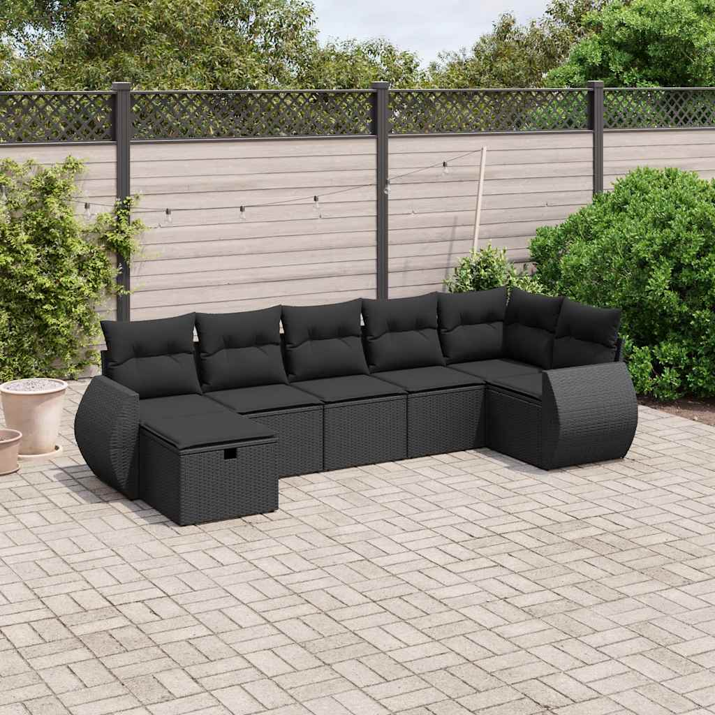7-delige Loungeset met kussens poly rattan zwart – afbeelding 1