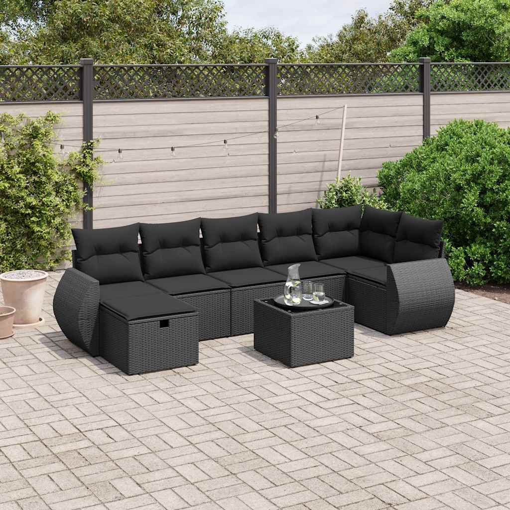 8-delige Loungeset met kussens poly rattan zwart – afbeelding 1