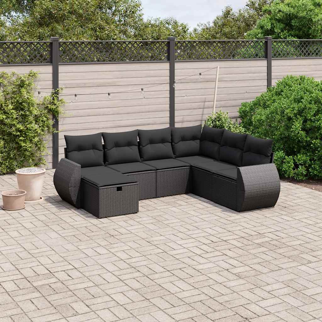 7-delige Loungeset met kussens poly rattan zwart – afbeelding 1