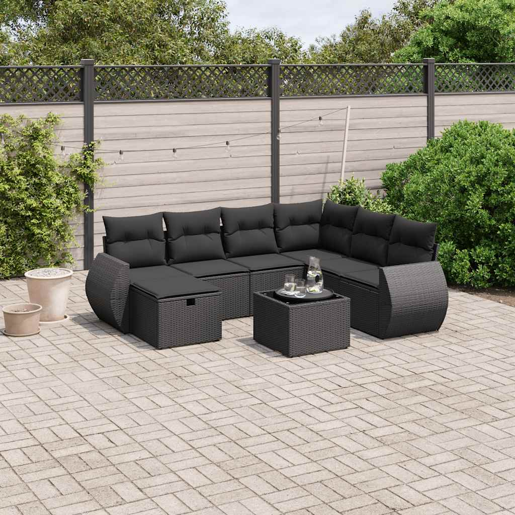 8-delige Loungeset met kussens poly rattan zwart – afbeelding 1