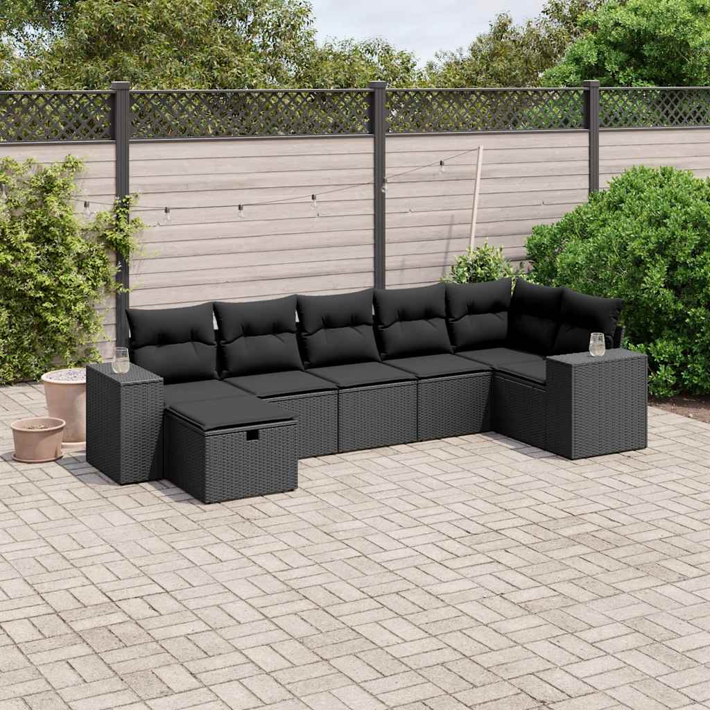7-delige Loungeset met kussens poly rattan zwart – afbeelding 1