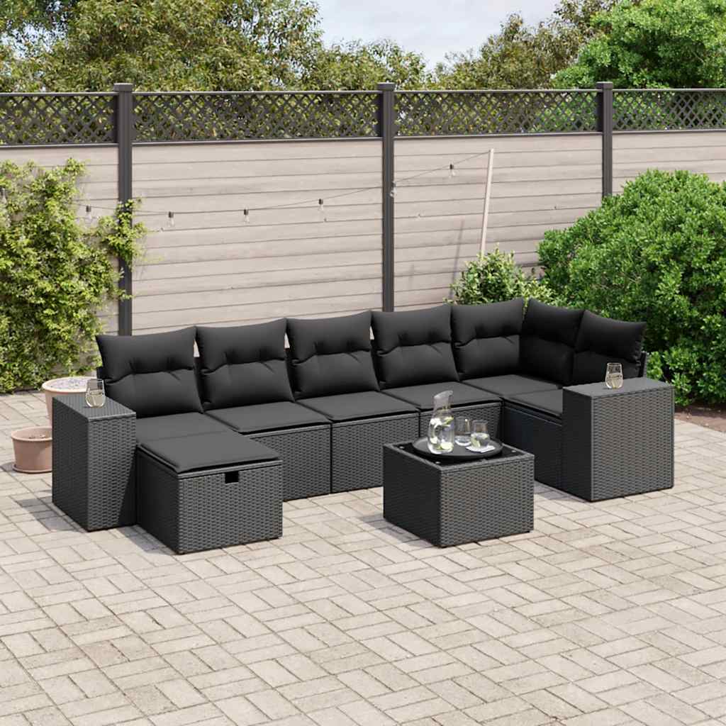 8-delige Loungeset met kussens poly rattan zwart – afbeelding 1