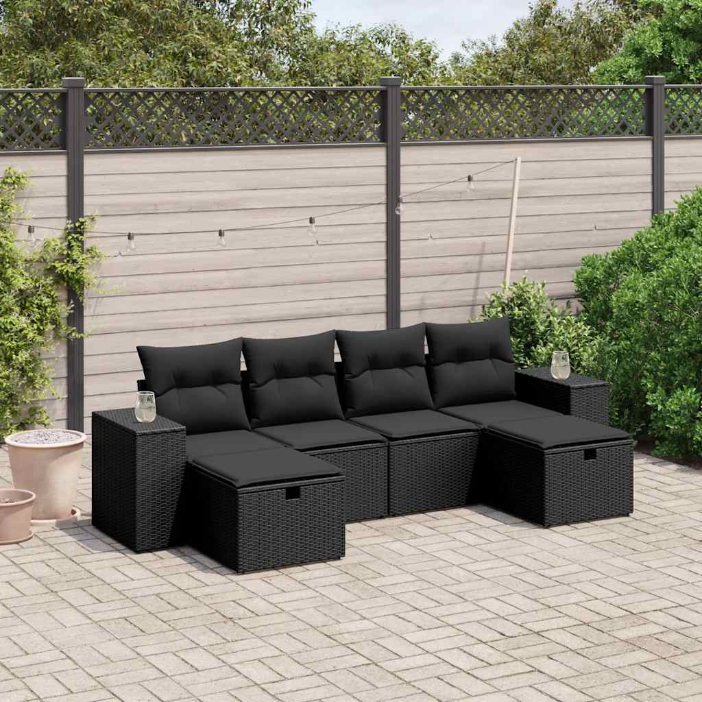 6-delige Loungeset met kussens poly rattan zwart