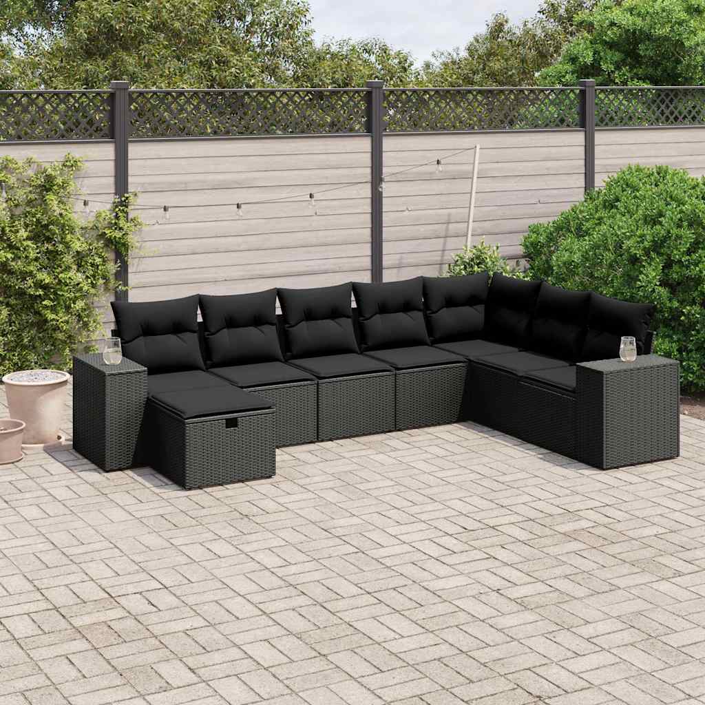 8-delige Loungeset met kussens poly rattan zwart – afbeelding 1
