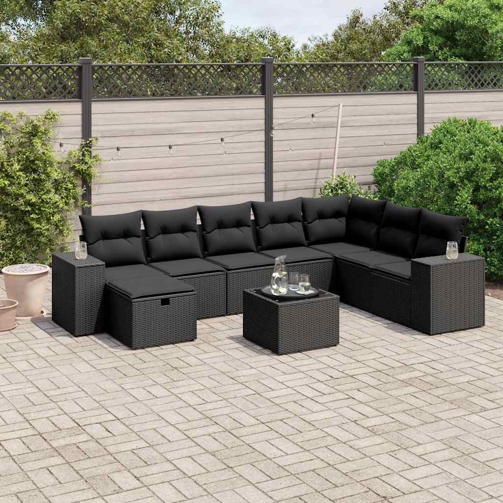 9-delige Loungeset met kussens poly rattan zwart – afbeelding 1