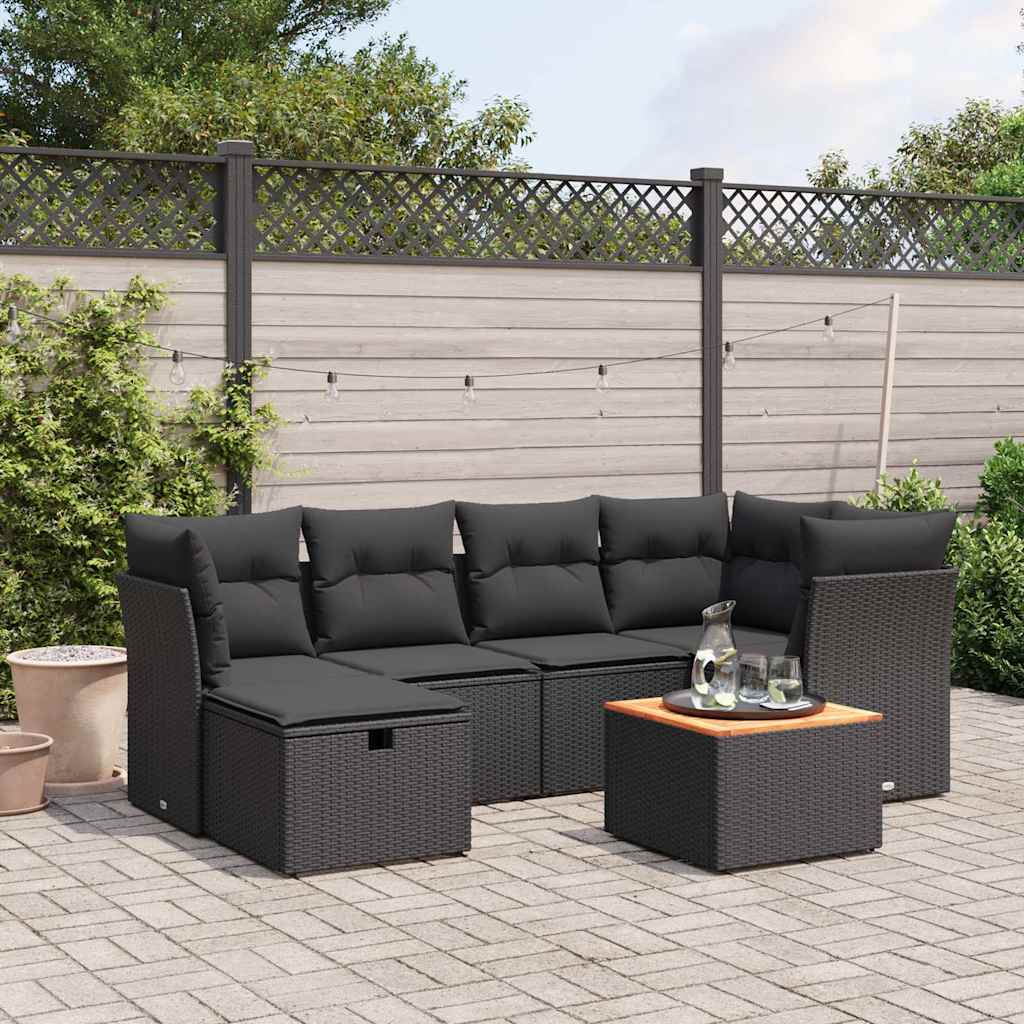 7-delige Loungeset met kussens poly rattan zwart