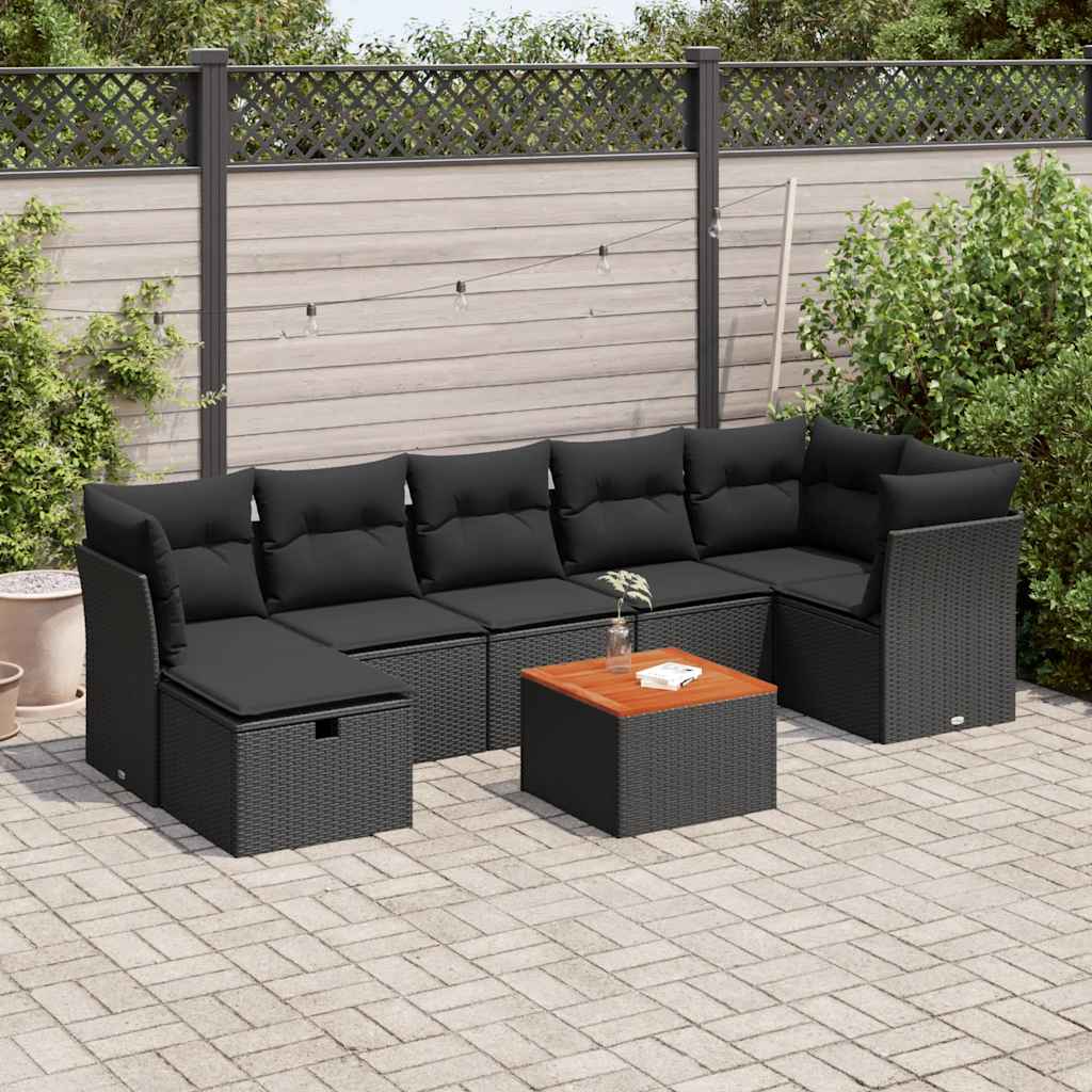 8-delige Loungeset met kussens poly rattan zwart – afbeelding 1