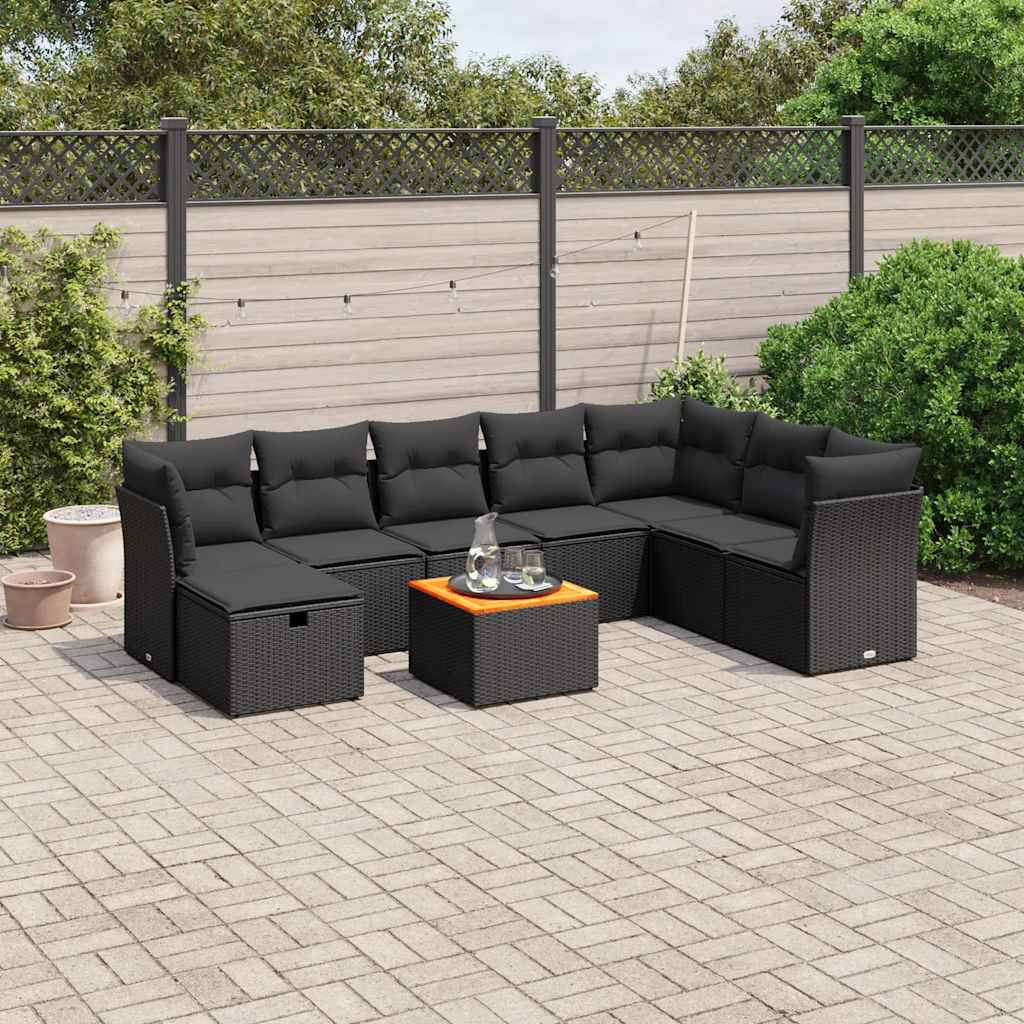9-delige Loungeset met kussens poly rattan zwart – afbeelding 1