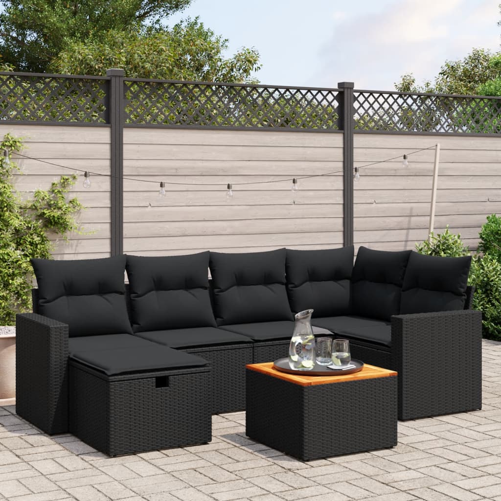 7-delige Loungeset met kussens poly rattan zwart – afbeelding 1