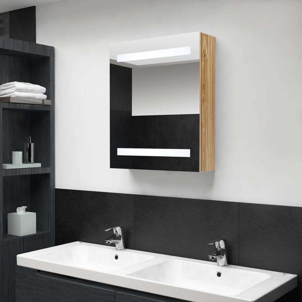 Badkamerkast met spiegel en LED 50x14x60 cm eikenkleurig – afbeelding 1