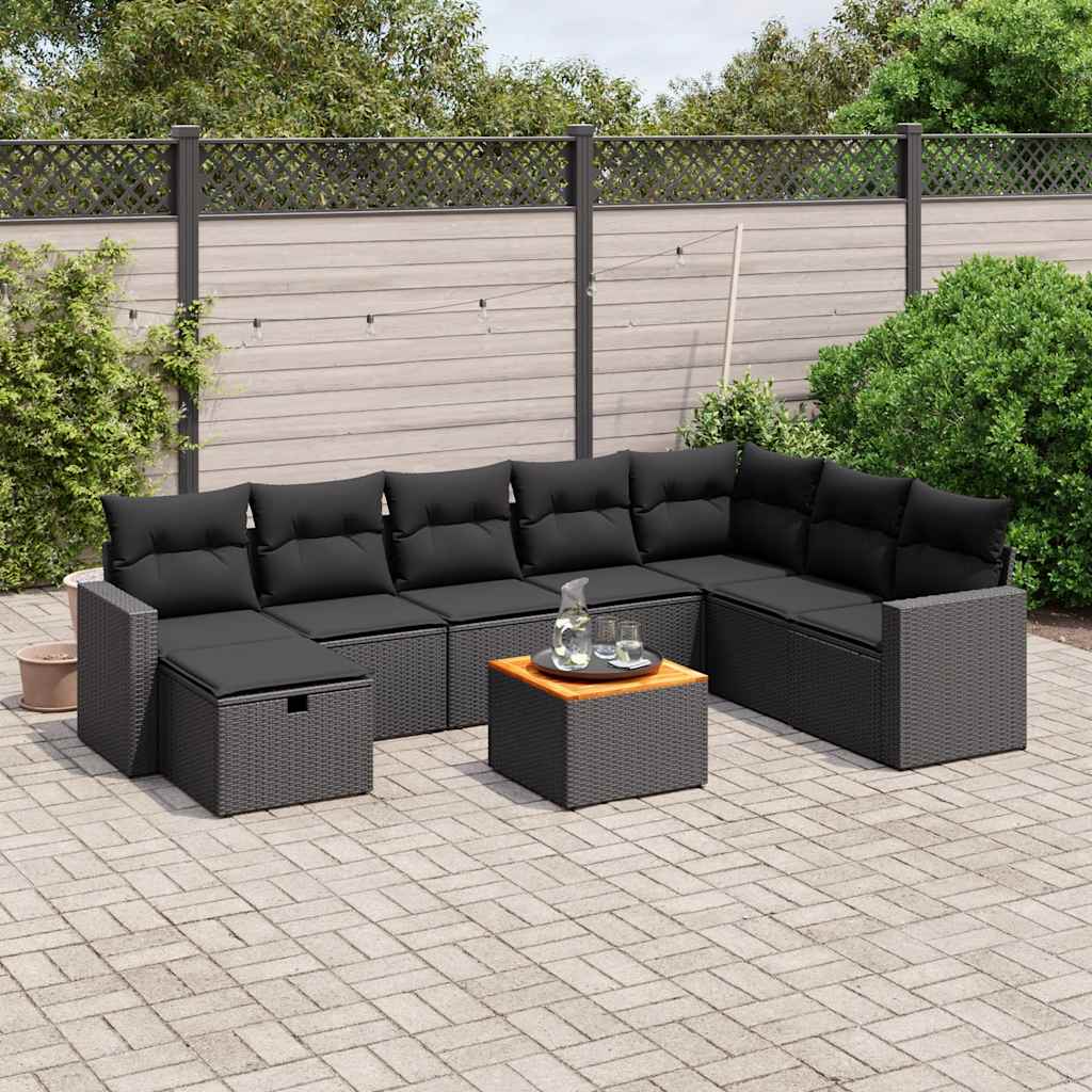 9-delige Loungeset met kussens poly rattan zwart – afbeelding 1
