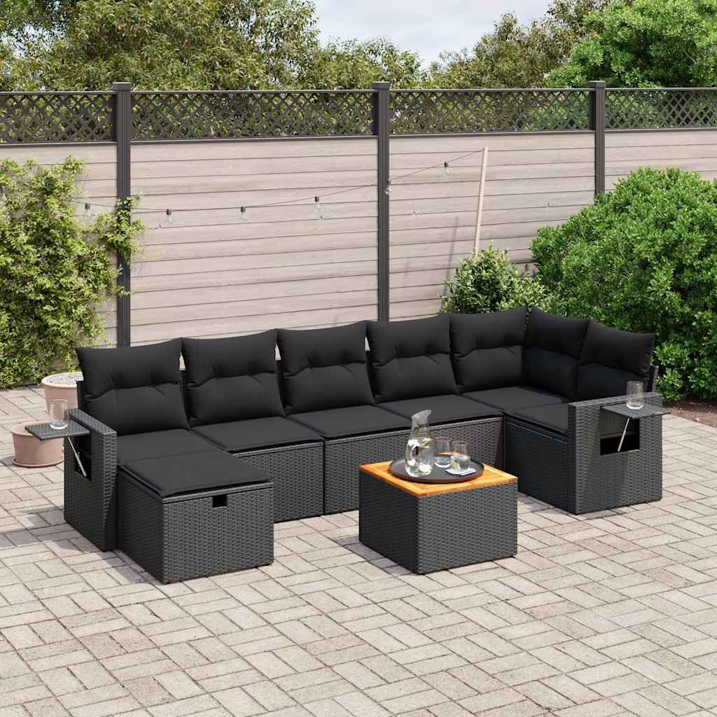 8-delige Loungeset met kussens poly rattan zwart – afbeelding 1