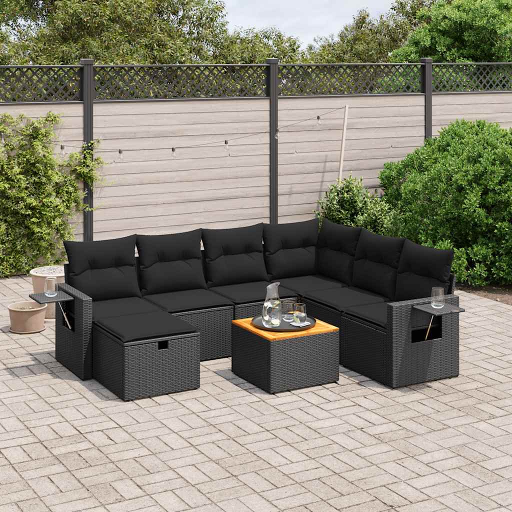 8-delige Loungeset met kussens poly rattan zwart – afbeelding 1