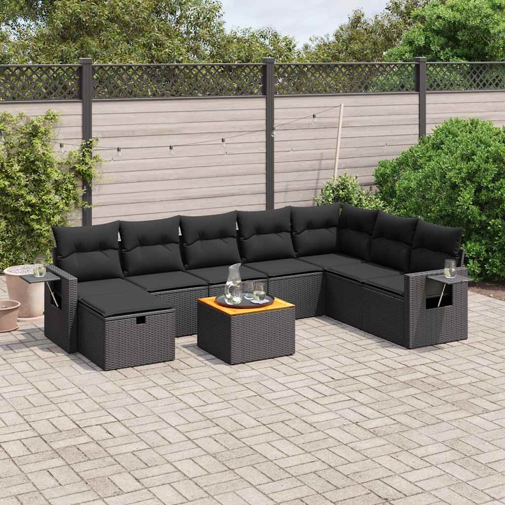 9-delige Loungeset met kussens poly rattan zwart – afbeelding 1