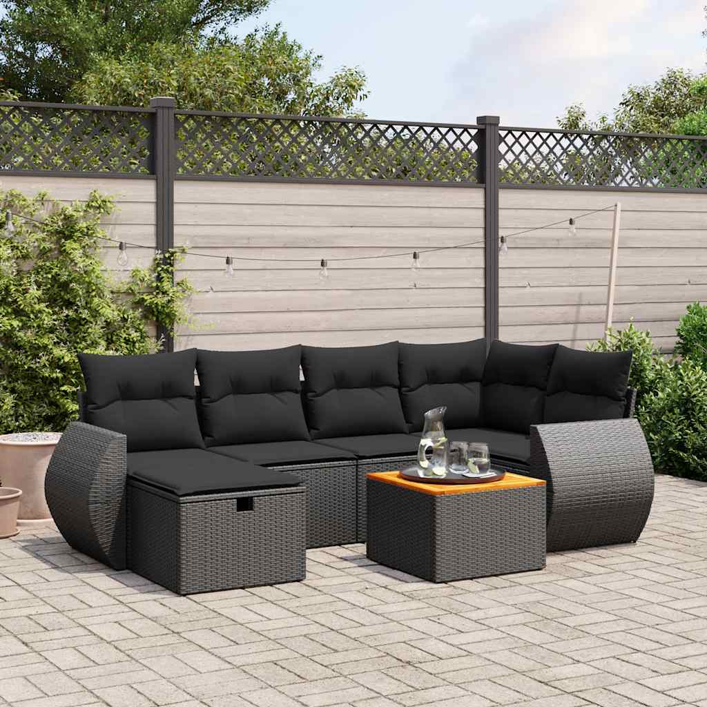 7-delige Loungeset met kussens poly rattan zwart