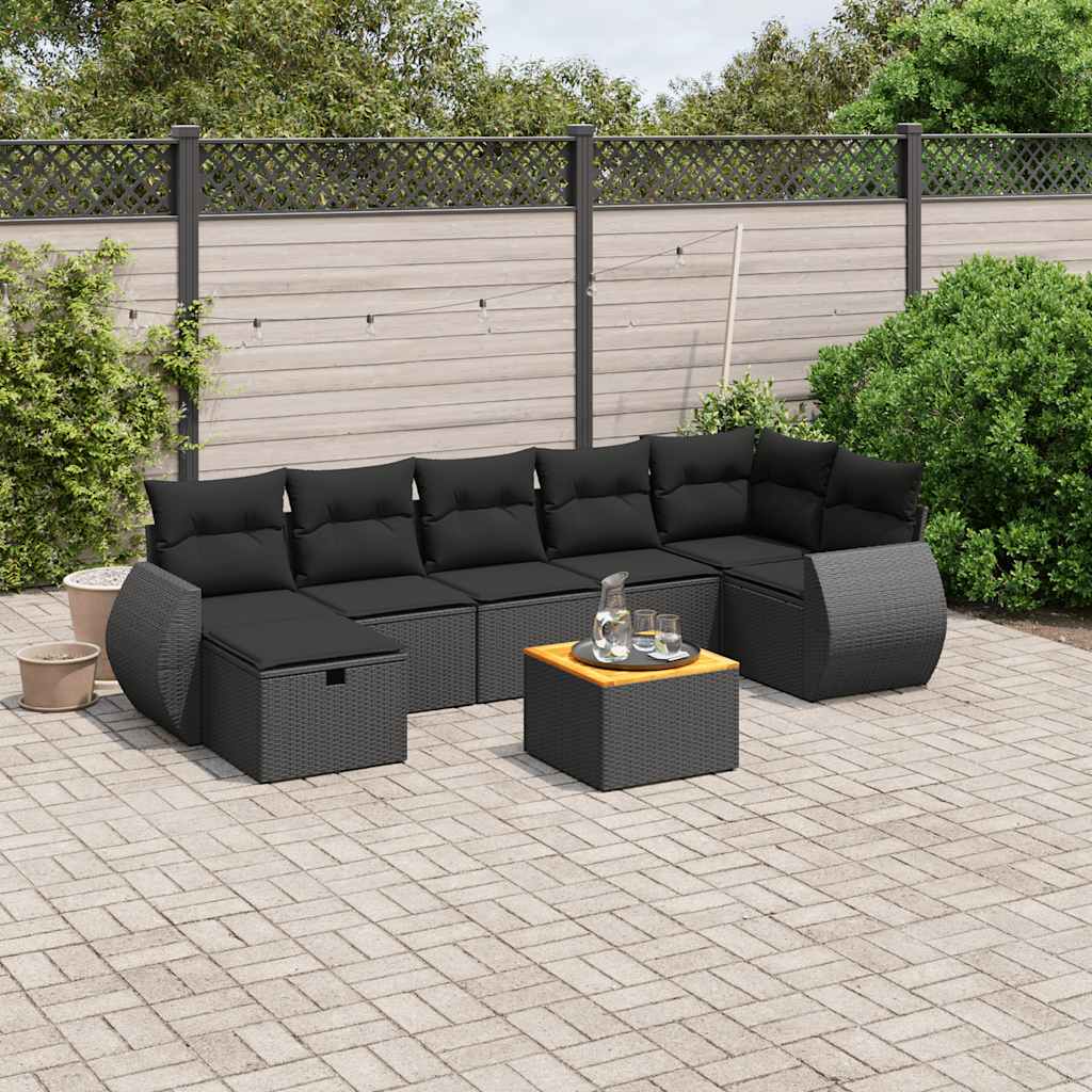 8-delige Loungeset met kussens poly rattan zwart – afbeelding 1