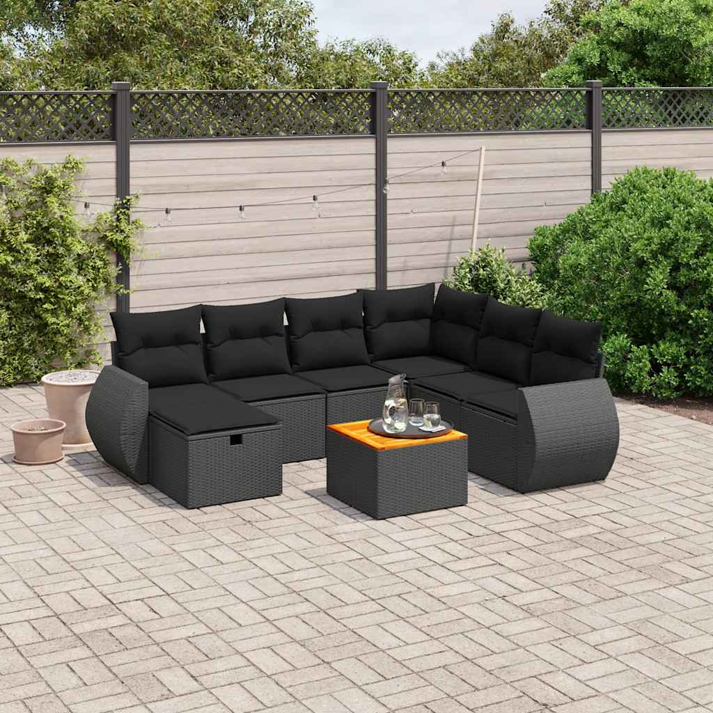 8-delige Loungeset met kussens poly rattan zwart – afbeelding 1