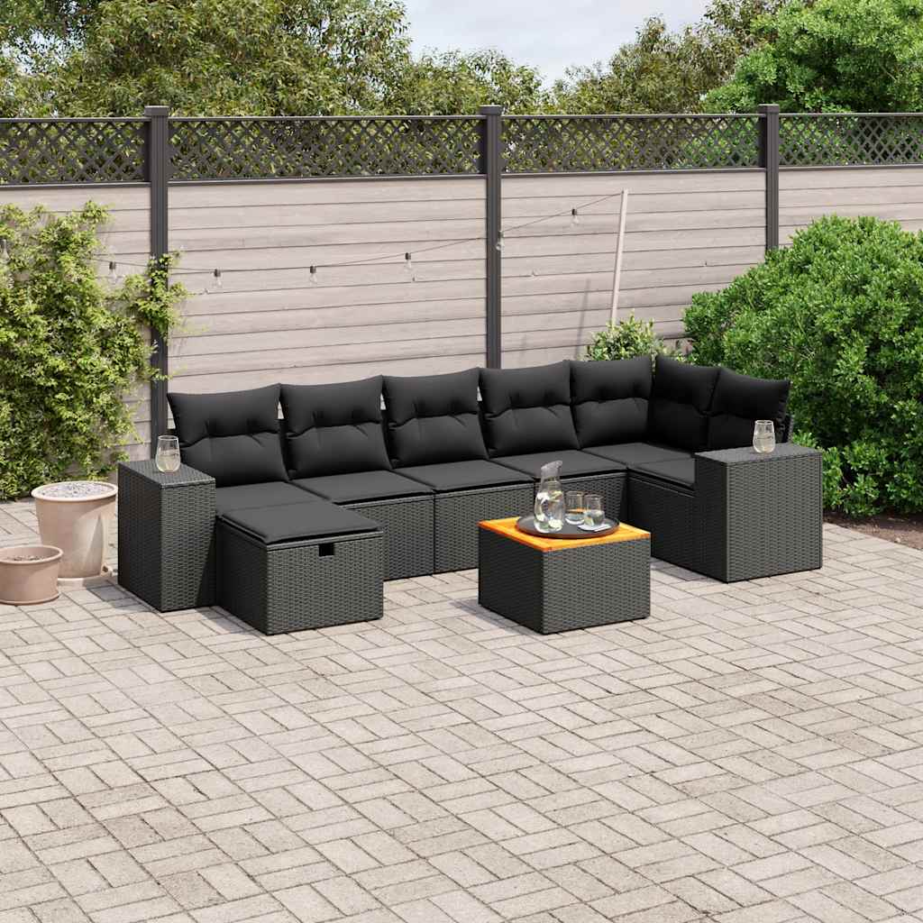 8-delige Loungeset met kussens poly rattan zwart – afbeelding 1