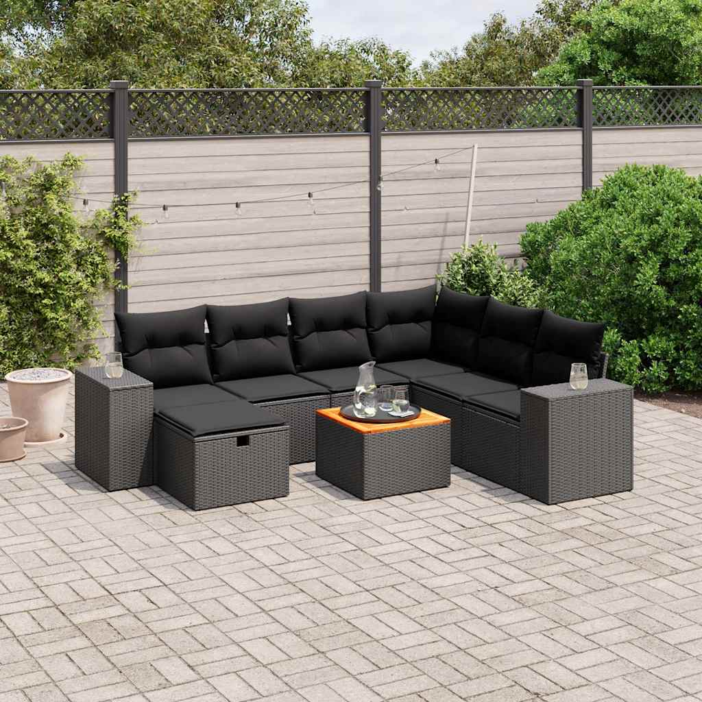 8-delige Loungeset met kussens poly rattan zwart – afbeelding 1