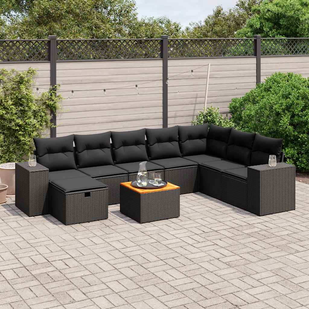 9-delige Loungeset met kussens poly rattan zwart – afbeelding 1