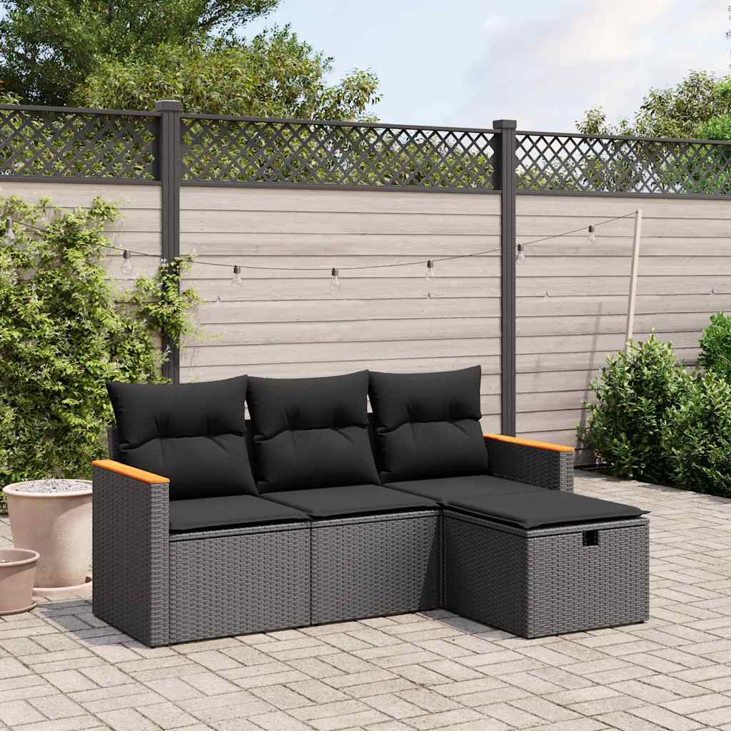 4-delige Loungeset met kussens poly rattan zwart