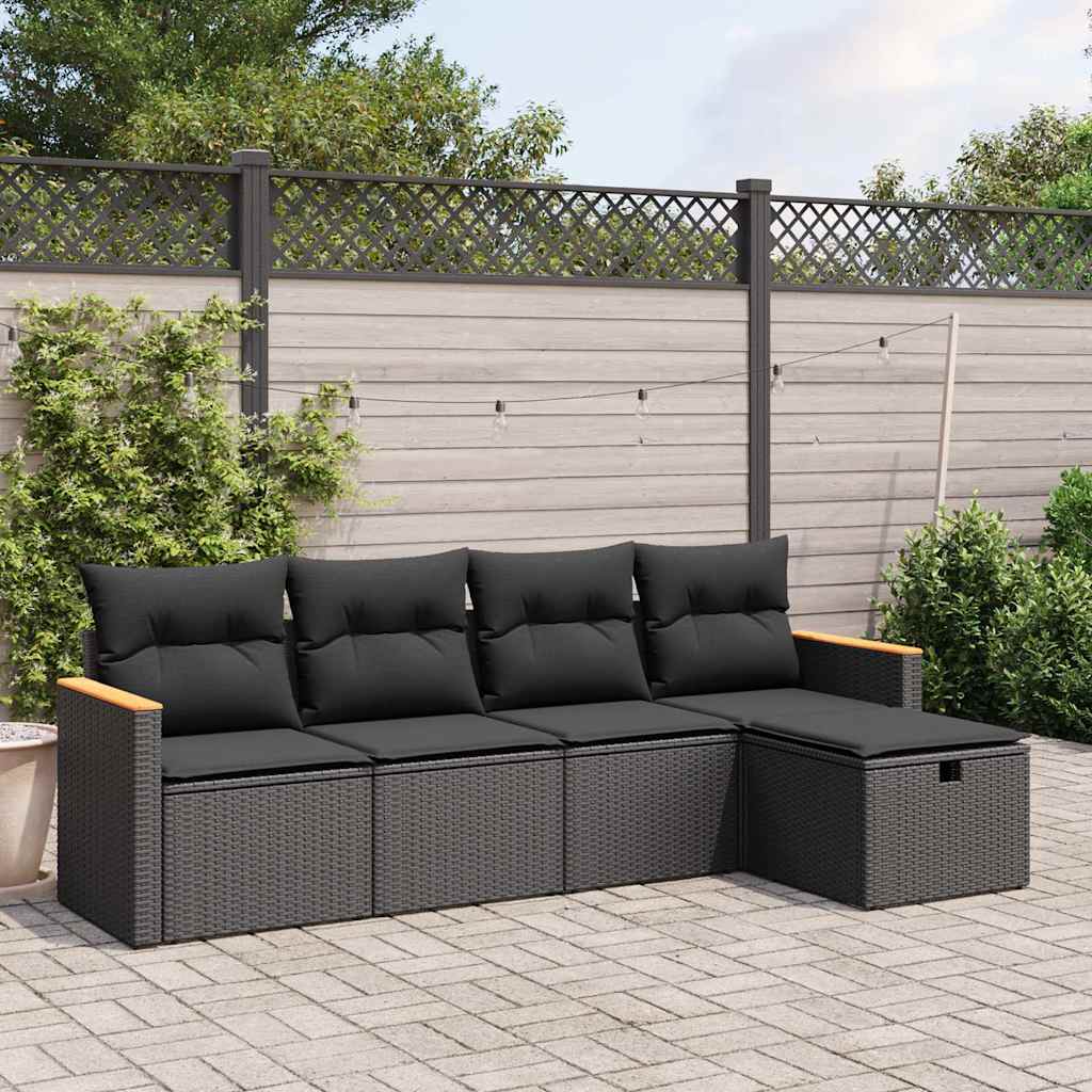 5-delige Loungeset met kussens poly rattan zwart