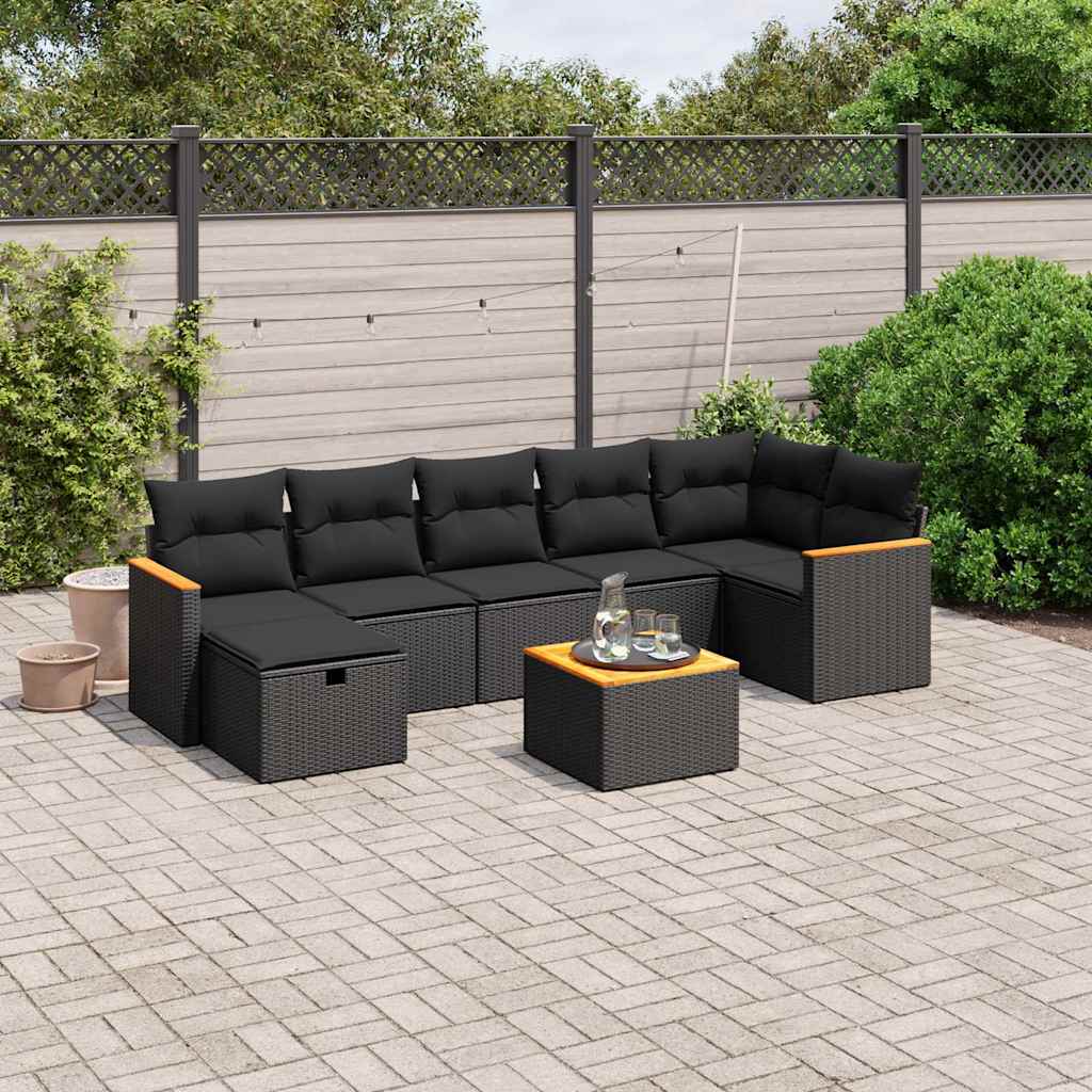 8-delige Loungeset met kussens poly rattan zwart – afbeelding 1