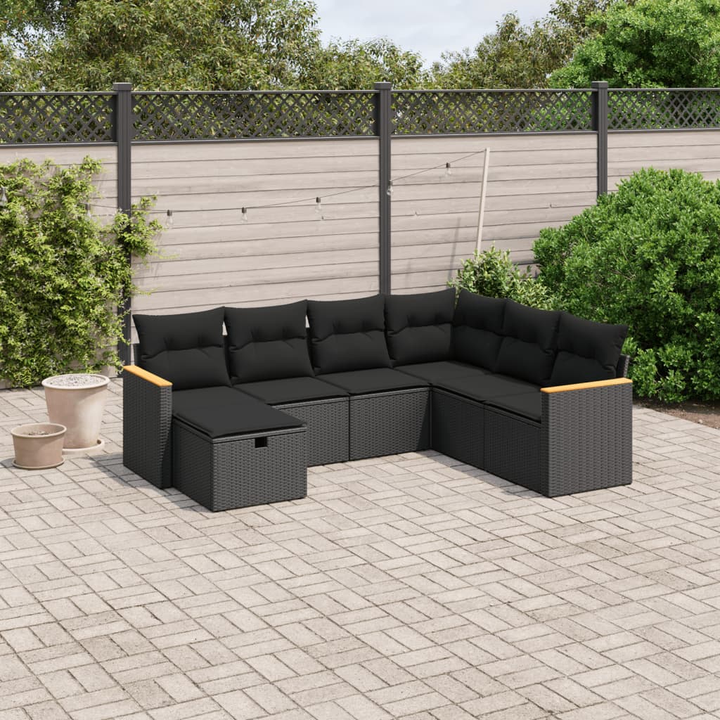 7-delige Loungeset met kussens poly rattan zwart – afbeelding 1