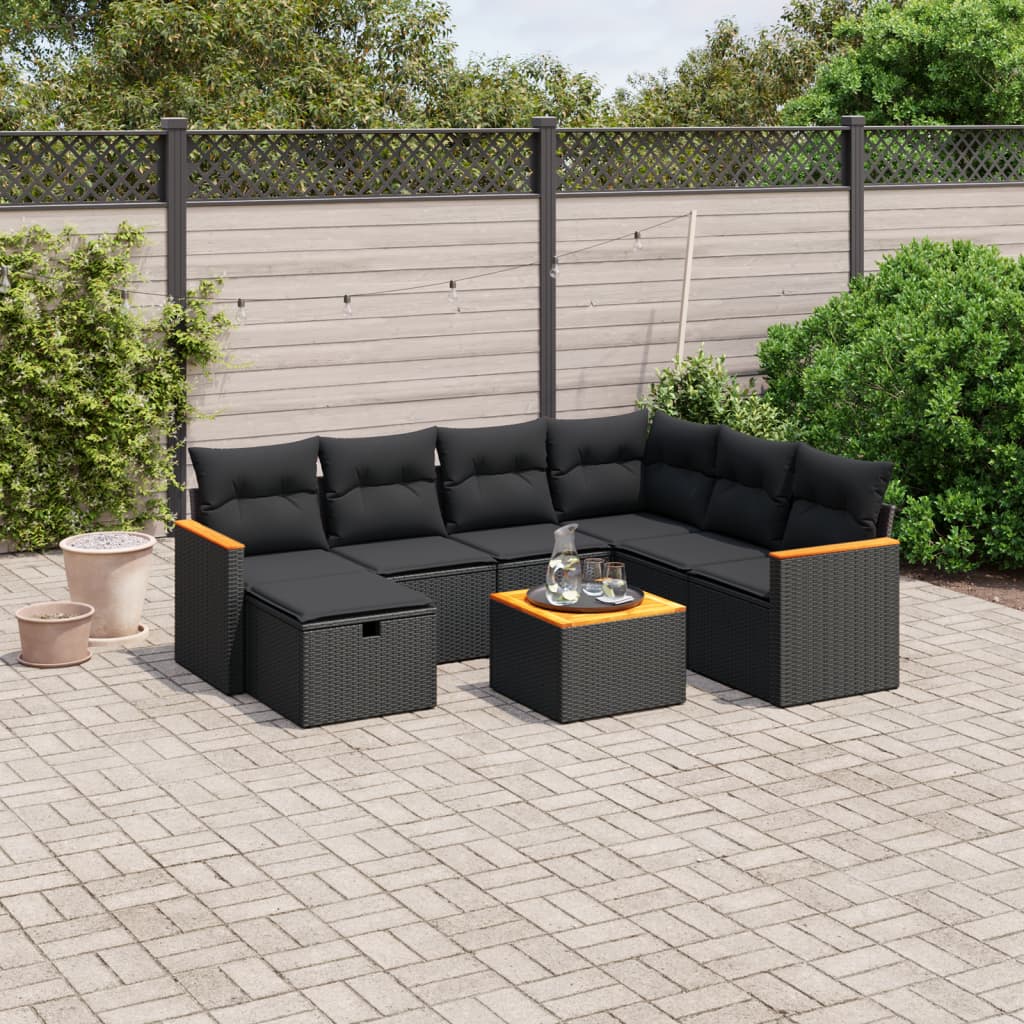8-delige Loungeset met kussens poly rattan zwart – afbeelding 1