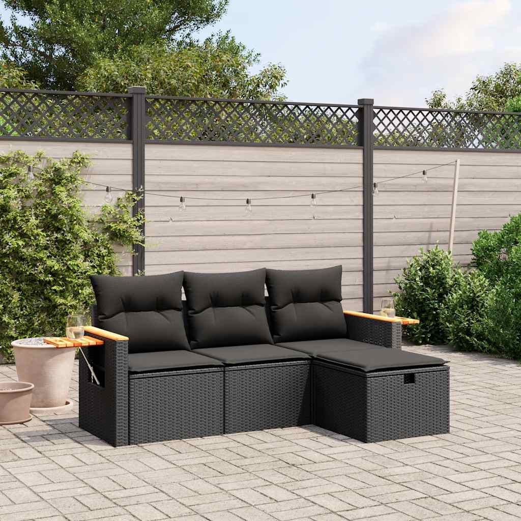 4-delige Loungeset met kussens poly rattan zwart