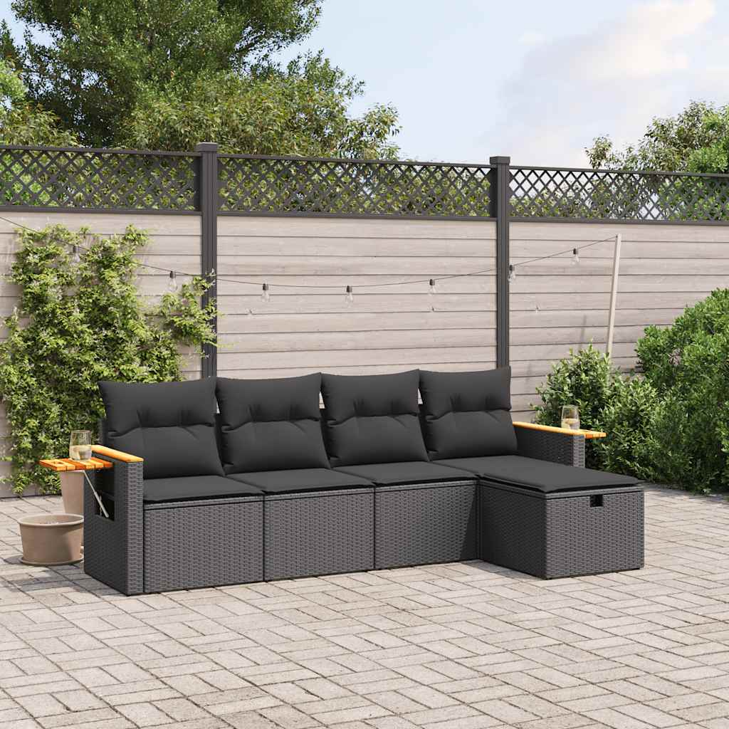 5-delige Loungeset met kussens poly rattan zwart