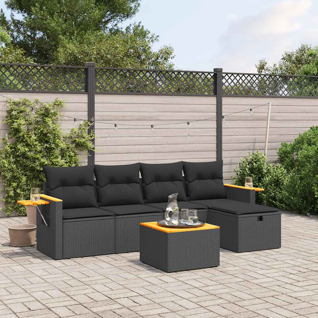6-delige Loungeset met kussens poly rattan zwart