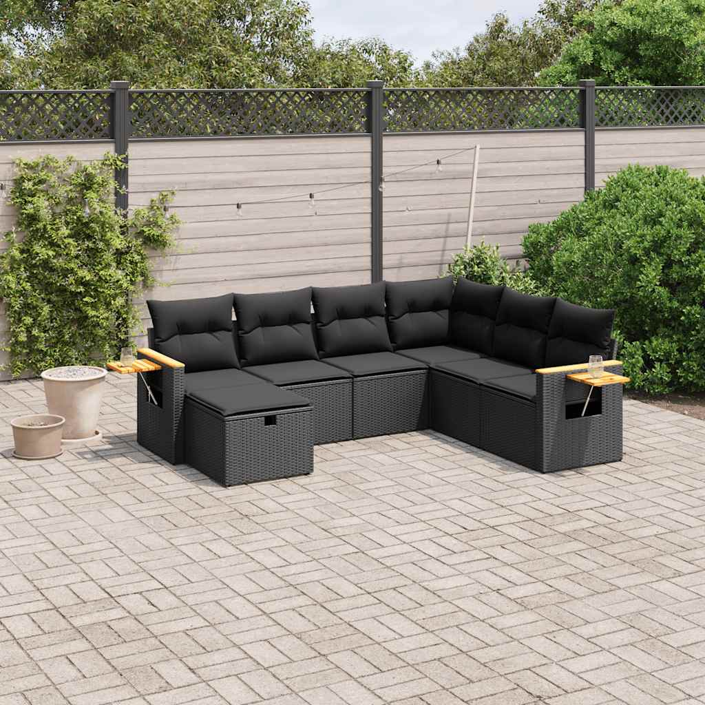 7-delige Loungeset met kussens poly rattan zwart – afbeelding 1