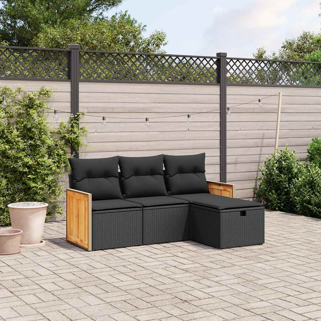 4-delige Loungeset met kussens poly rattan zwart
