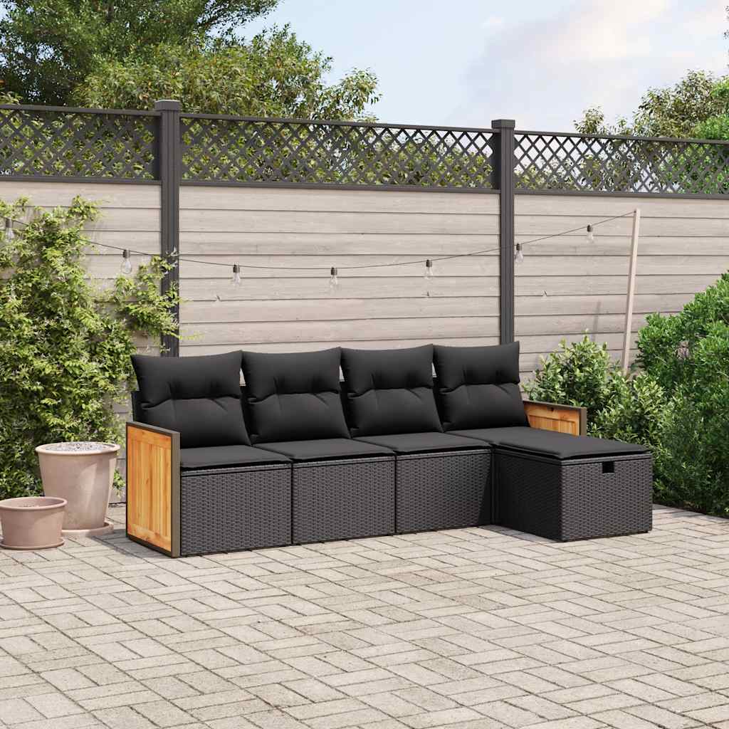 5-delige Loungeset met kussens poly rattan zwart