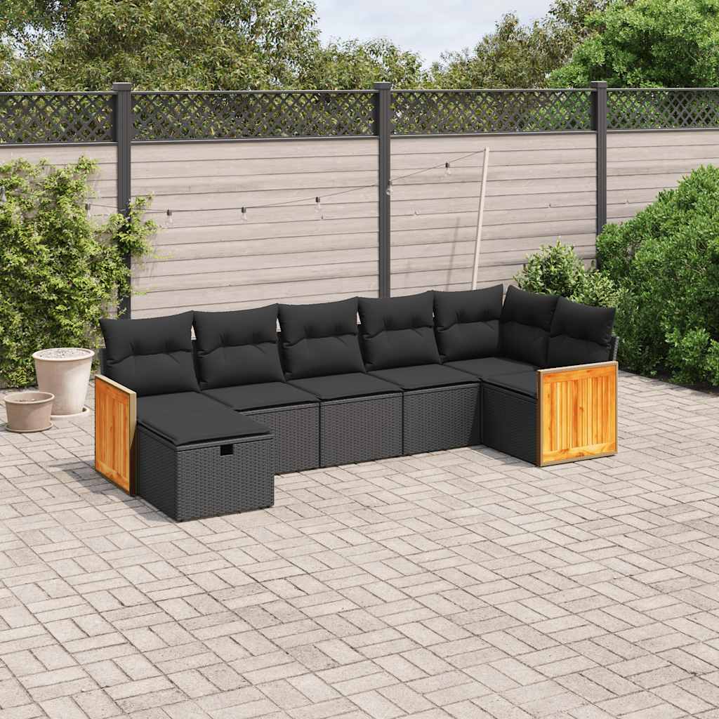 7-delige Loungeset met kussens poly rattan zwart – afbeelding 1