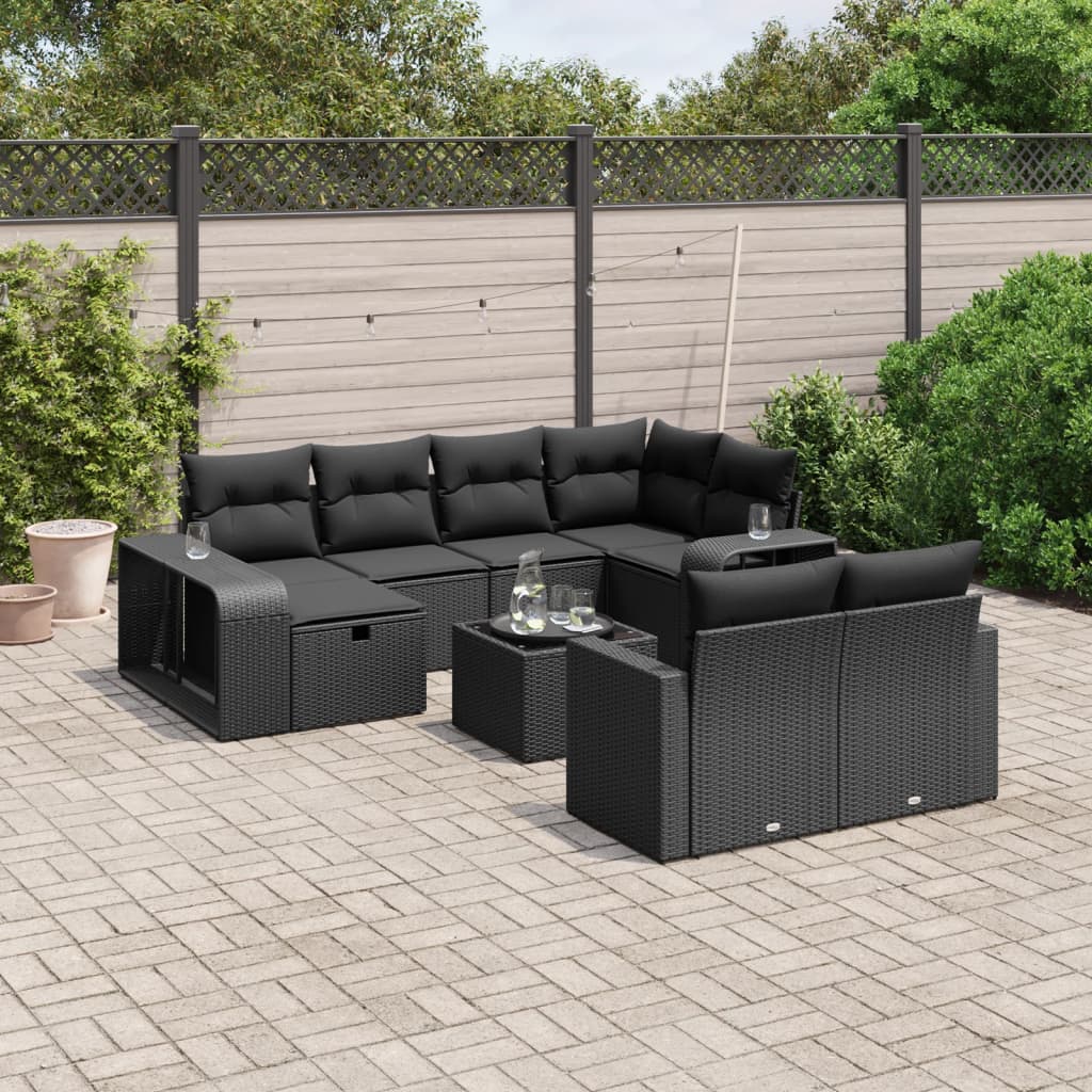 11-delige Loungeset met kussens poly rattan zwart – afbeelding 1