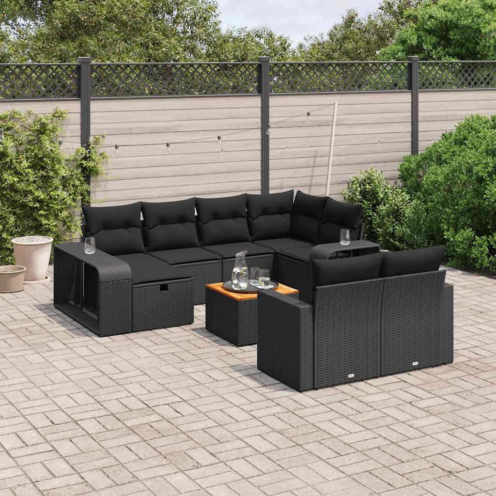11-delige Loungeset met kussens poly rattan zwart – afbeelding 1