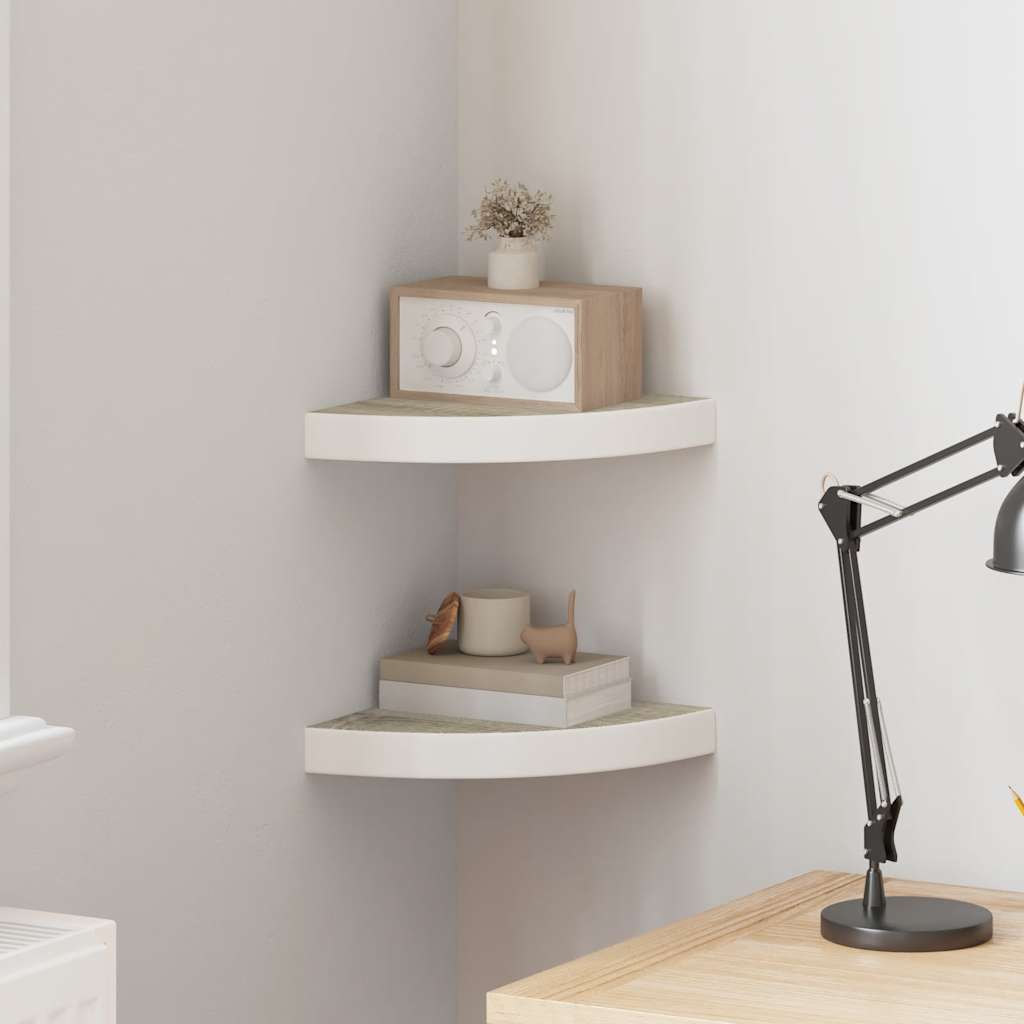 Hoekwandschappen 2 st 25x25x3,8 cm MDF eikenkleurig en wit