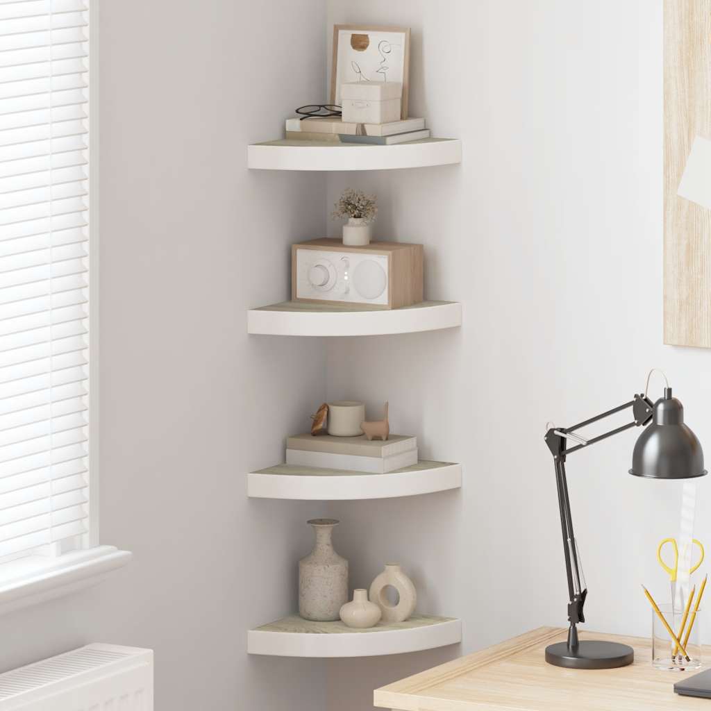 Hoekwandschappen 4 st 25x25x3,8 cm MDF eikenkleurig en wit