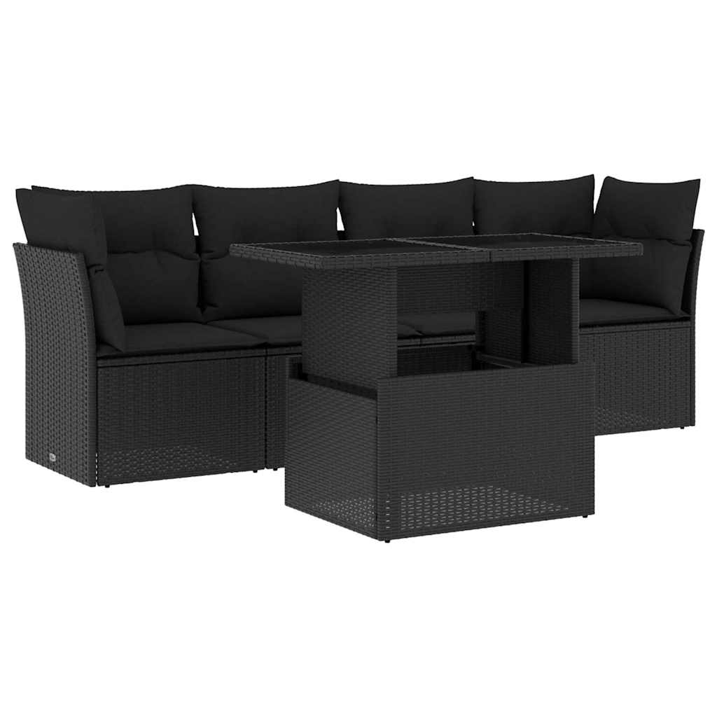 5-delige Loungeset met kussens poly rattan zwart – afbeelding 1