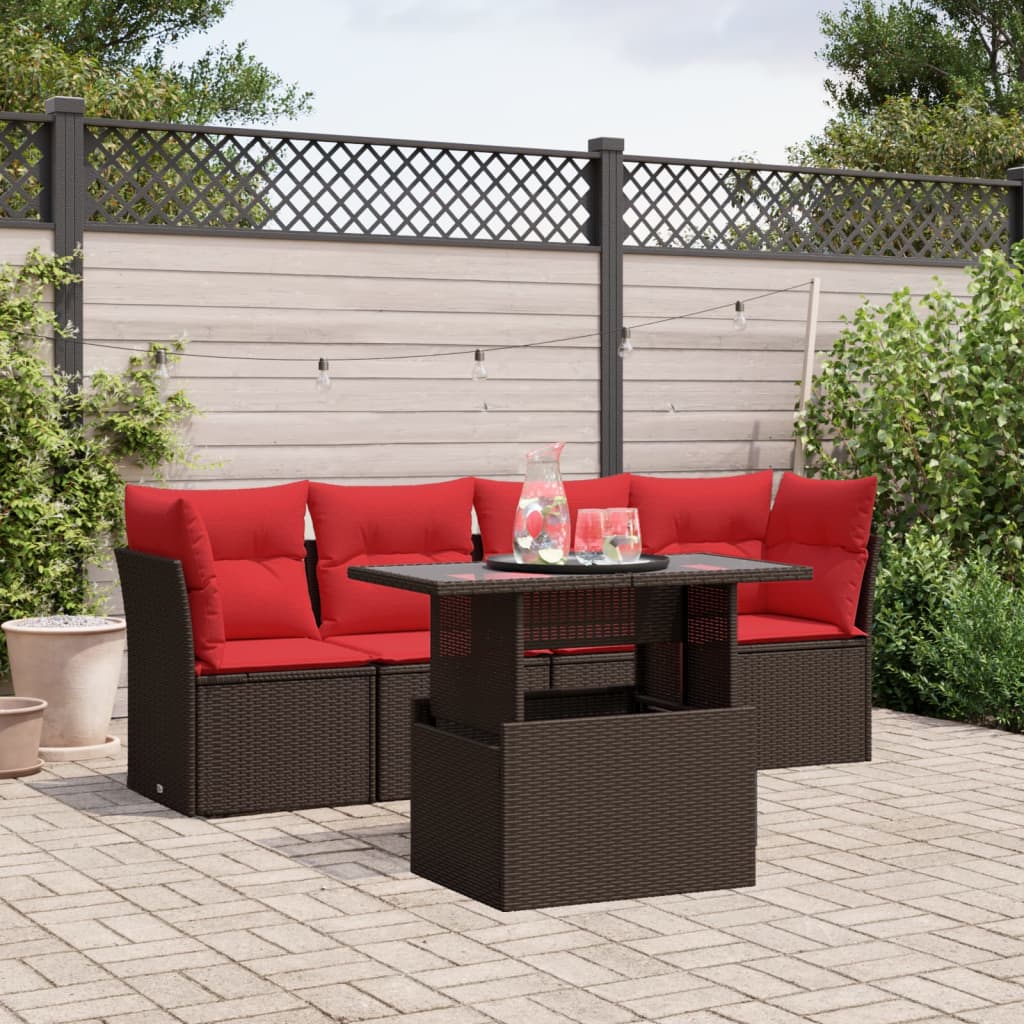 5-delige tuinbankset met kussens, bruin polyrotan – afbeelding 1