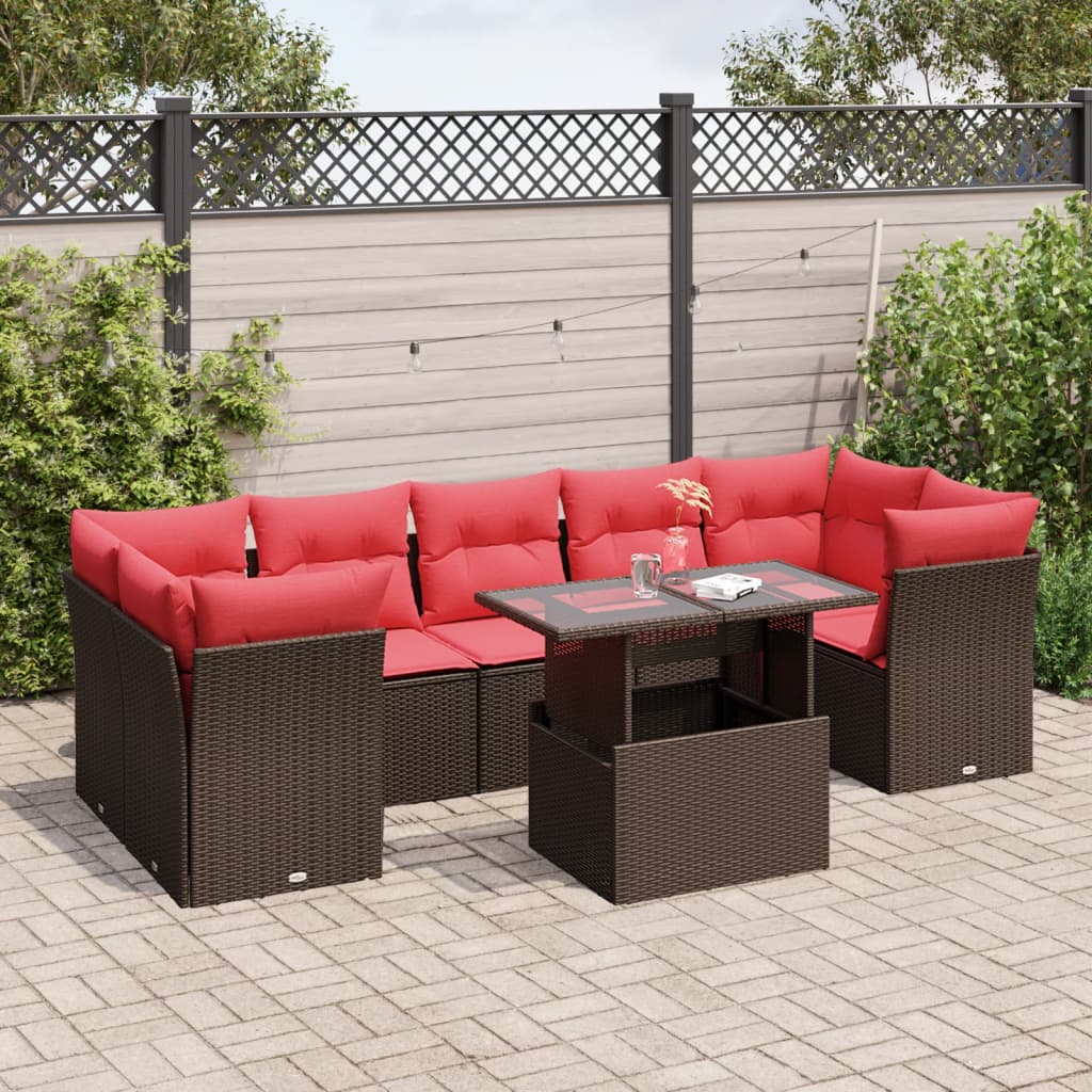 8-delige tuinbankset met kussens, bruin polyrotan – afbeelding 1